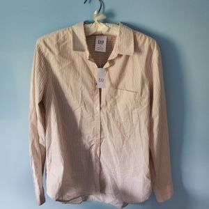 Gap Button Down Shirt Medium Women's Classic Khaki White Stripe Cotton Long Slv